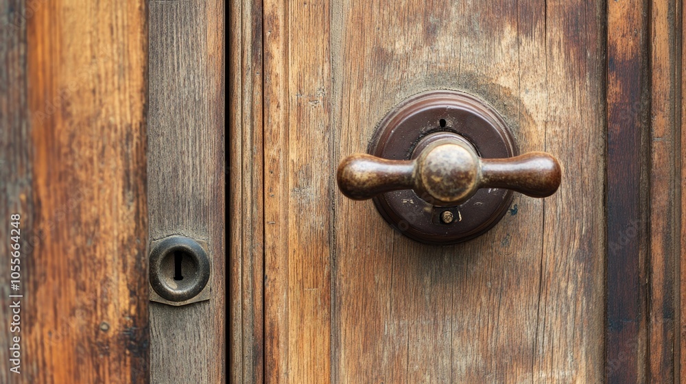 Antique wooden entrance door featuring an old door handle with selective focus Antique wooden entrance door featuring an old door handle with selective focus