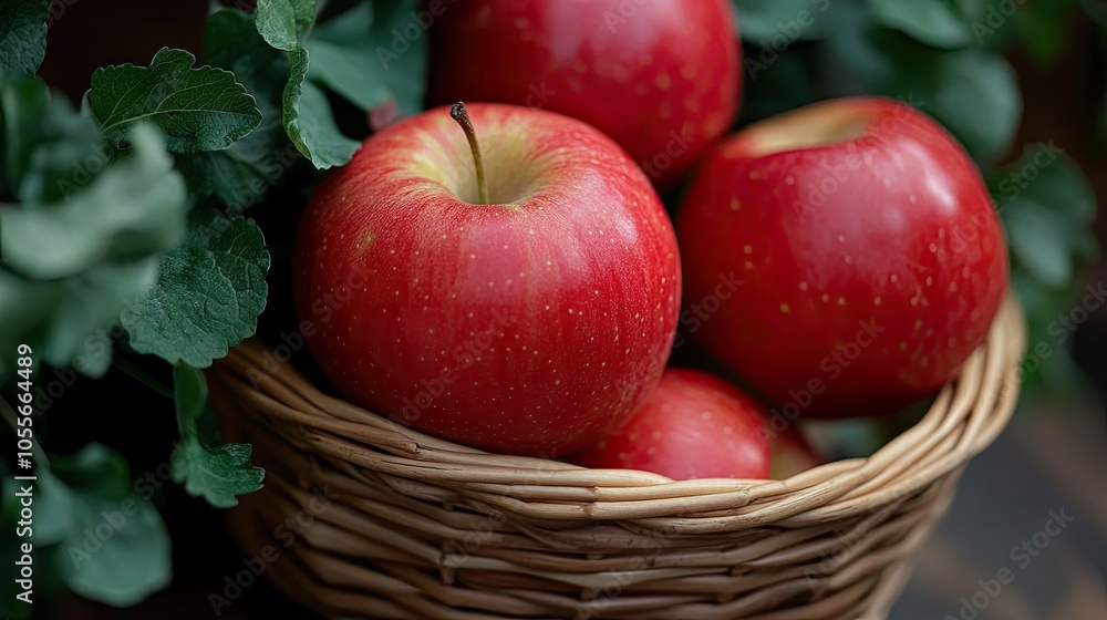Close-up of apples, tomatoes, and greens in a basket, symbolizing healthy eating, with ample room for text Close-up of apples, tomatoes, and greens in a basket, symbolizing healthy eating, with ample room for text
