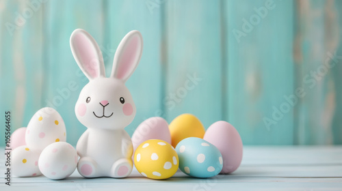 Festive easter bunny and polka dot eggs on rustic wooden background