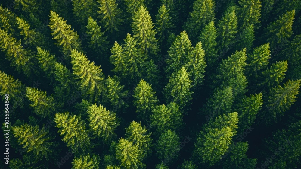 Fototapeta premium Aerial perspective of a vibrant dense pine forest
