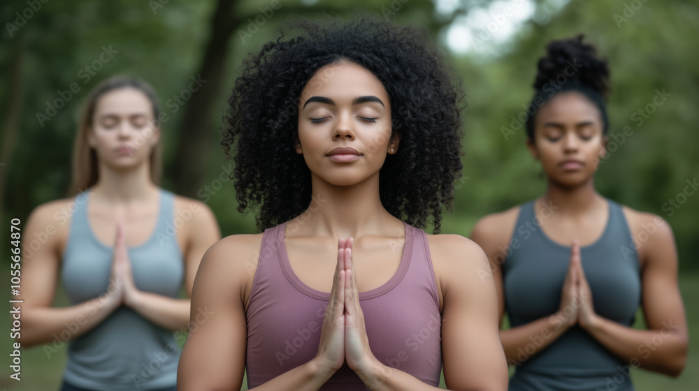 women standing in a serene outdoor setting, eyes closed, practicing meditation with hands in prayer position. Their peaceful expressions reflect mindfulness and concentration, connection with nature. women standing in a serene outdoor setting, eyes closed, practicing meditation with hands in prayer position. Their peaceful expressions reflect mindfulness and concentration, connection with nature.
