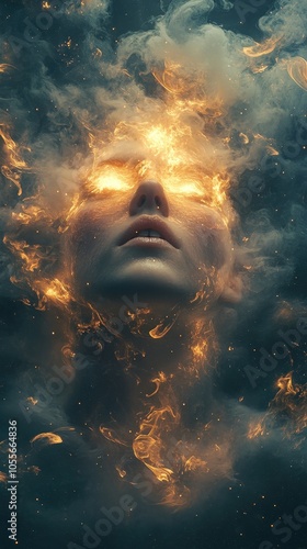 A surreal portrait of a woman's face, surrounded by swirling clouds and glowing light, representing a dreamlike state of consciousness.