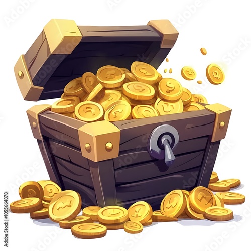 Cartoon treasure chest overflowing with gold coins on a white background.