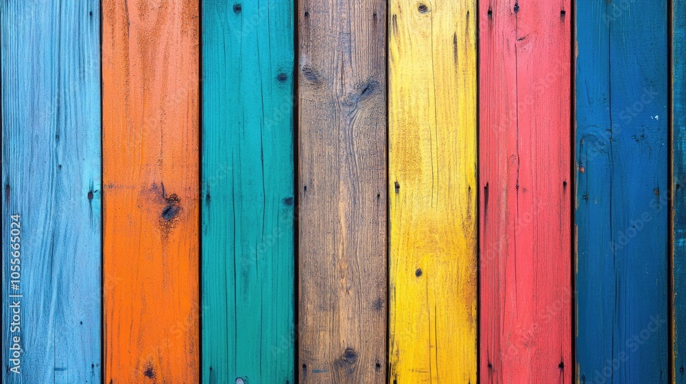 Vibrant wooden banner background featuring vertical slats in various bright hues offering ample space for your text Vibrant wooden banner background featuring vertical slats in various bright hues offering ample space for your text
