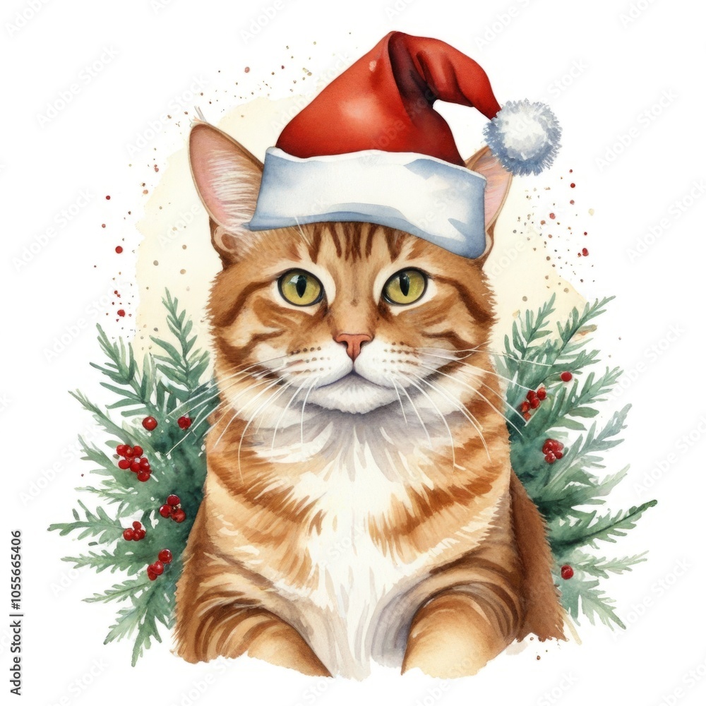 A cheerful orange tabby cat wearing a Santa hat, surrounded by festive greenery and holiday decorations in a cozy setting A cheerful orange tabby cat wearing a Santa hat, surrounded by festive greenery and holiday decorations in a cozy setting
