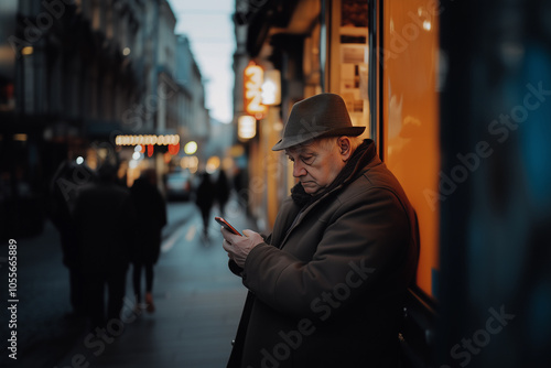 An older adult looking away from their smartphone with a nostalgic expression.A man in a stylish hat is focused on his phone in a busy street photo