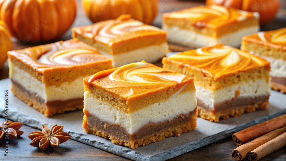 Swirled Pumpkin Cheesecake Bars with a Layer of Cream Cheese Filling, Topped with a Pumpkin Glaze and Spiced with Cinnamon Sticks Swirled Pumpkin Cheesecake Bars with a Layer of Cream Cheese Filling, Topped with a Pumpkin Glaze and Spiced with Cinnamon Sticks