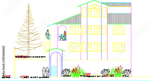 Vector sketch illustration silhouette design engineering drawing traditional ethnic vintage house architecture