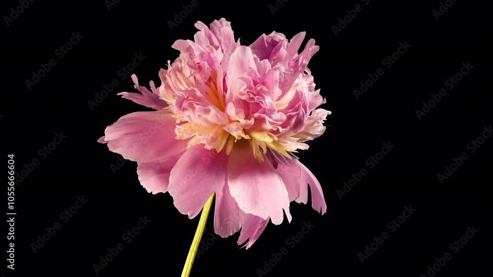 Beautiful Pink Peony Flower Blooming in Timelapse Close up on a Black Background. Tender Lilac Blossoms Moving in Time Lapse with Alpha Matte Beautiful Pink Peony Flower Blooming in Timelapse Close up on a Black Background. Tender Lilac Blossoms Moving in Time Lapse with Alpha Matte