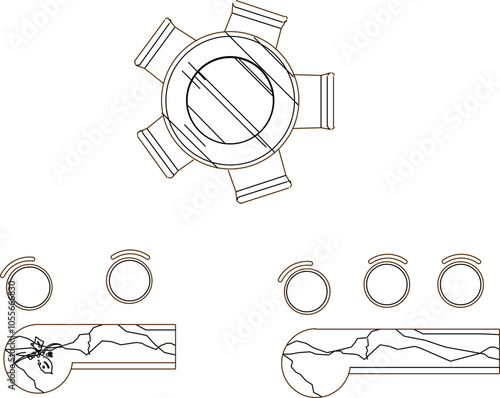 Vector sketch illustration silhouette design drawing of interior furniture sofa chair dining room table seen from above