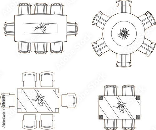Vector sketch illustration silhouette design drawing of interior furniture sofa chair dining room table seen from above