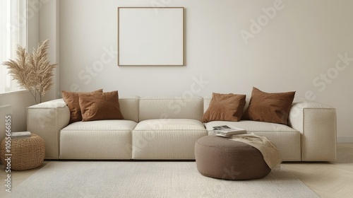 Creative composition of living room interior with mock up poster frame, beige modular sofa, brown pillows, book, stool, partition wall, plant in basket and accessories