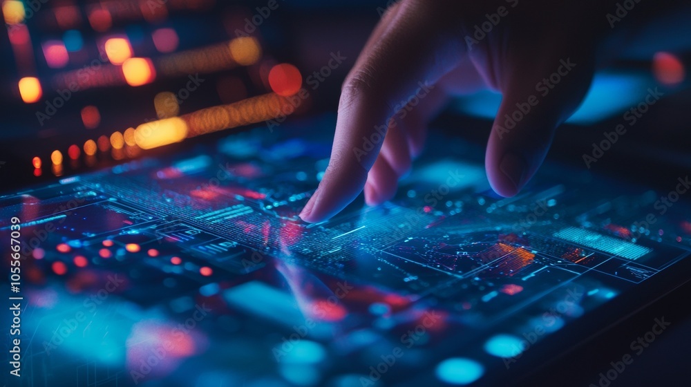 Touchscreen interaction with futuristic data interface Touchscreen interaction with futuristic data interface