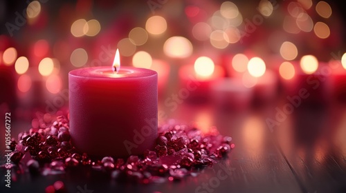 Red candle surrounded by sparkling beads creates a warm, festive ambiance, AI