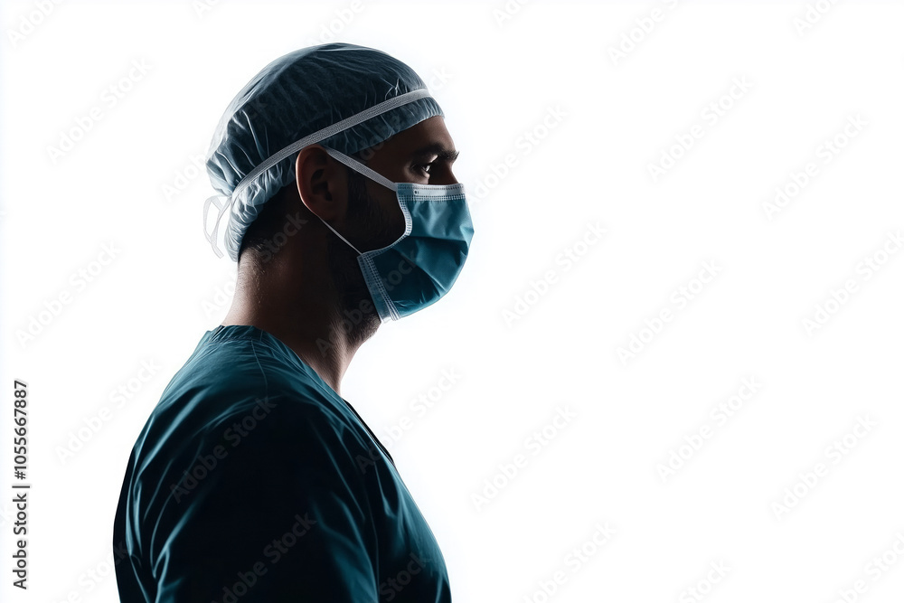 A side silhouette of a healthcare worker wearing a surgical mask, cap, and medical scrubs, set against a stark white background, symbolizing dedication, safety, and commitment in the healthcare field. A side silhouette of a healthcare worker wearing a surgical mask, cap, and medical scrubs, set against a stark white background, symbolizing dedication, safety, and commitment in the healthcare field.