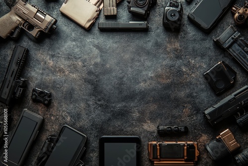 A collection of various devices, cameras, and firearms arranged on a textured dark surface photo