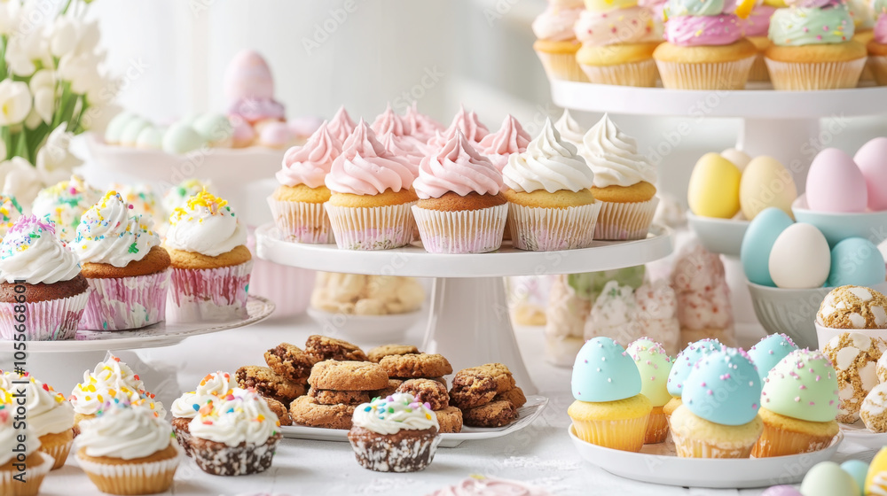 Easter themed dessert table with cupcakes and pastel-colored eggs for spring celebration Easter themed dessert table with cupcakes and pastel-colored eggs for spring celebration