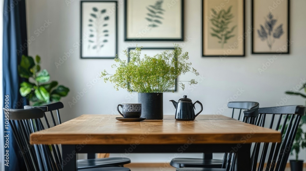 Dining room interior with a wooden family table, black chairs, teapot with a mug, framed art on the wall, and modern accessories Dining room interior with a wooden family table, black chairs, teapot with a mug, framed art on the wall, and modern accessories