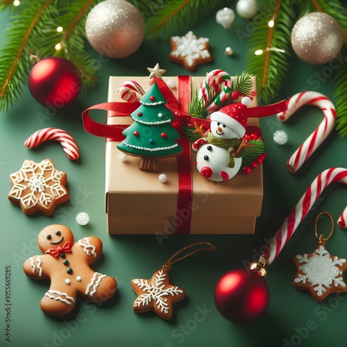 Christmas decorations with gift box on green background.