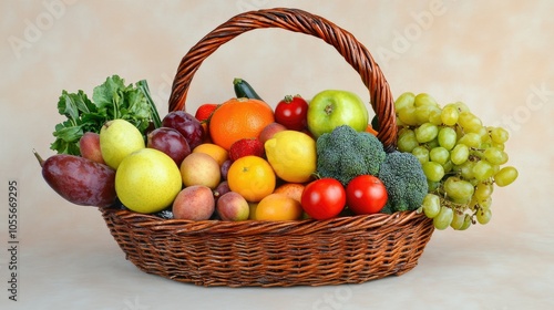 Fresh fruits and veggies in a market basket on a plain surface, with ample copy space