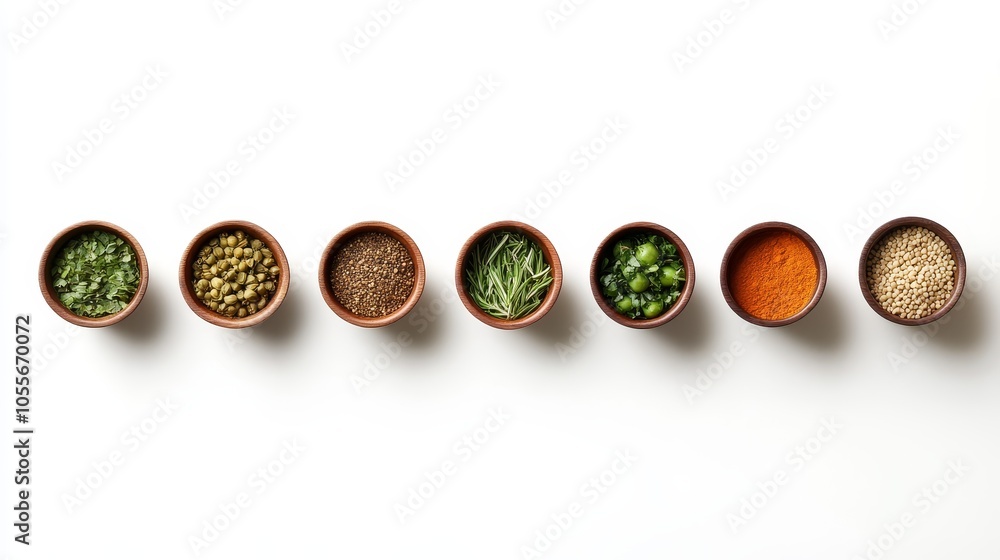 A collection of spices and herbs in small bowls arranged neatly for culinary use. A collection of spices and herbs in small bowls arranged neatly for culinary use.