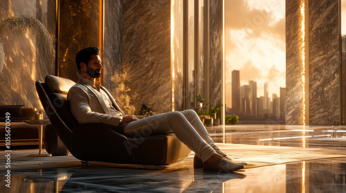 Young rich man, heir of a business empire, sitting in a chair photo