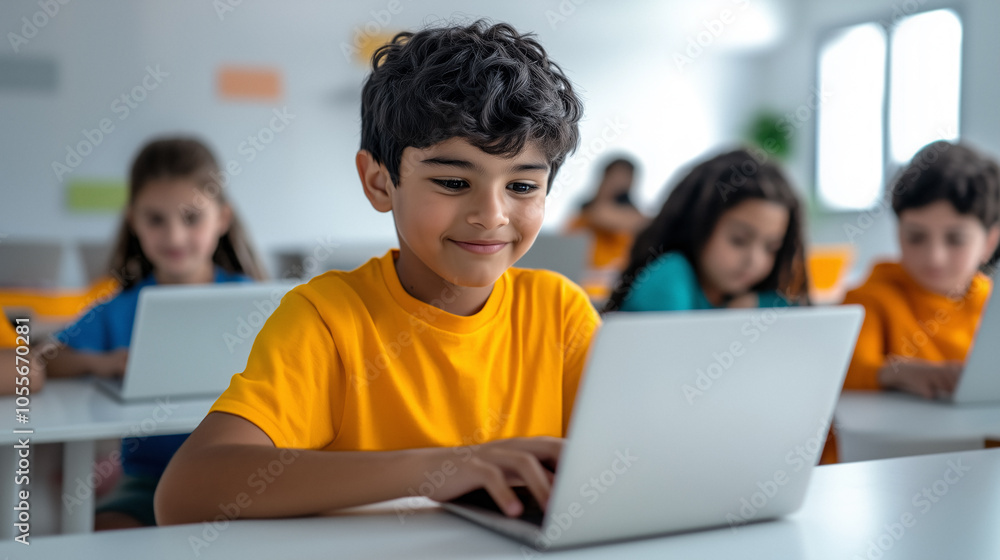 A young student while using a laptop in a lively classroom with his classmates in the background. A digital learning environment that encourages engagement, skill development, early digital literacy. A young student while using a laptop in a lively classroom with his classmates in the background. A digital learning environment that encourages engagement, skill development, early digital literacy.