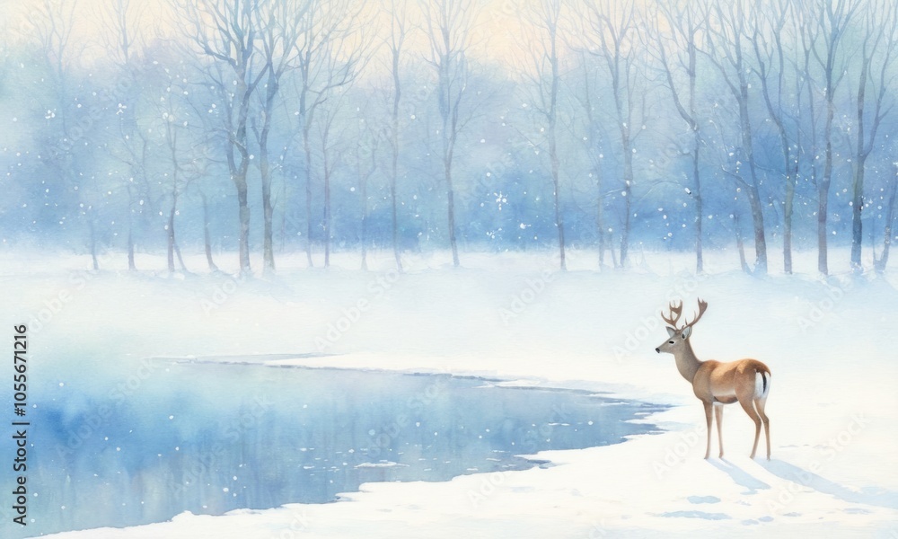 A calm winter landscape featuring a deer by a frozen lake under softly falling snow in a serene forest setting A calm winter landscape featuring a deer by a frozen lake under softly falling snow in a serene forest setting