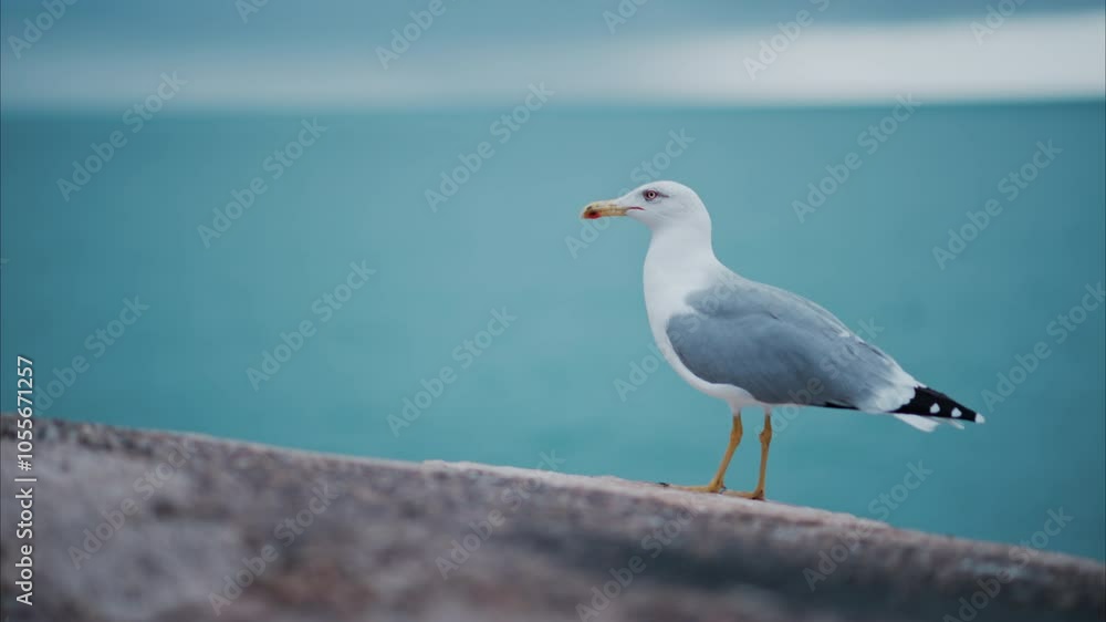 Close up of a seagull walking with a blurred view of the sea on the background Close up of a seagull walking with a blurred view of the sea on the background