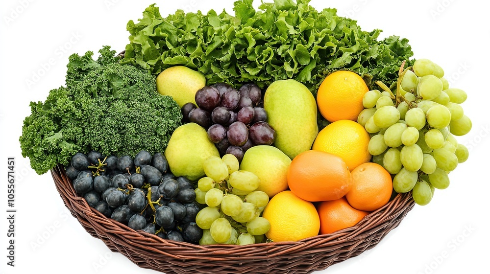 Fruits and greens arranged neatly in a basket, top view, with ample room for text on a white background Fruits and greens arranged neatly in a basket, top view, with ample room for text on a white background