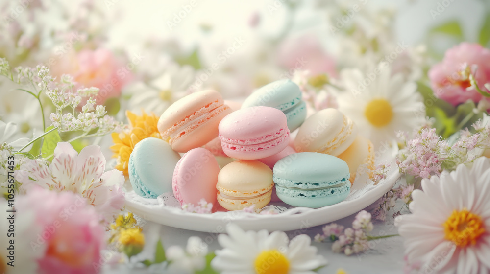 Pastel easter egg shaped macarons on floral background for spring celebration decor Pastel easter egg shaped macarons on floral background for spring celebration decor