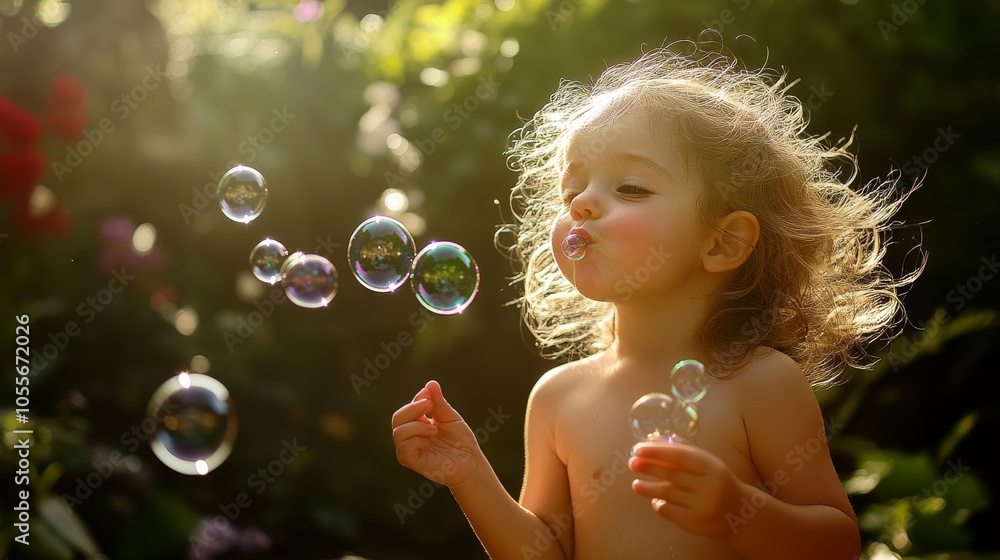 Joyful Child Blowing Bubbles in Sunlit Garden - Playful Portrait with Dynamic Composition and Sharp Focus Joyful Child Blowing Bubbles in Sunlit Garden - Playful Portrait with Dynamic Composition and Sharp Focus