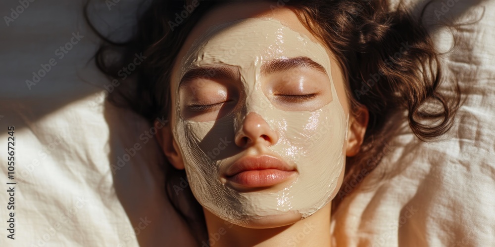Close-Up of Woman Enjoying Relaxation with Beige Face Mask Under Sunlight Close-Up of Woman Enjoying Relaxation with Beige Face Mask Under Sunlight