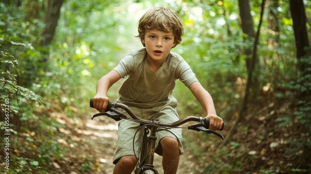 Energetic Young Boy Riding Bike in Forest Trail - Dynamic Composition with Sharp Focus Energetic Young Boy Riding Bike in Forest Trail - Dynamic Composition with Sharp Focus