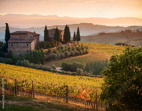 Italian countryside in Tuscany during early autumn with rolling vineyards and olive groves