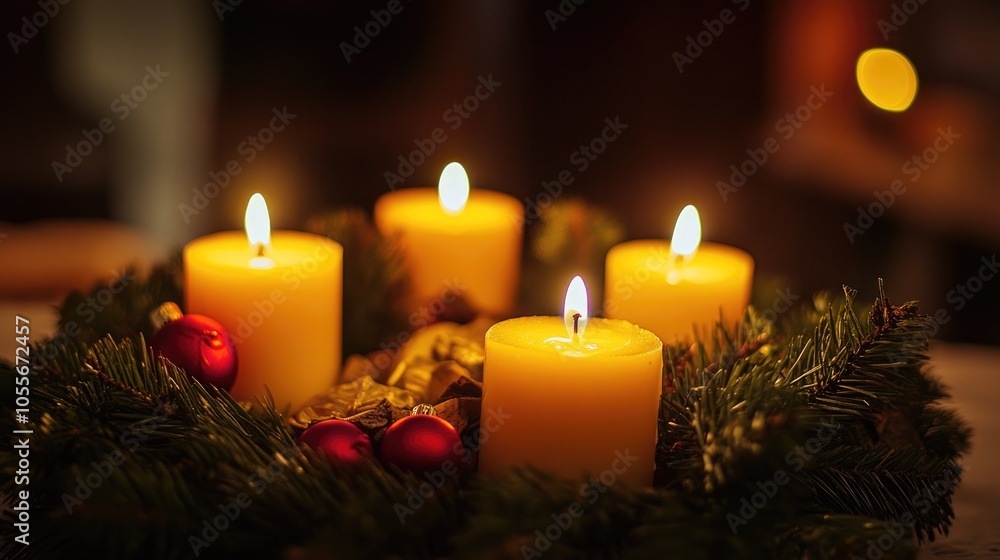 Advent wreath featuring candles for the third Sunday celebration of the Advent season Advent wreath featuring candles for the third Sunday celebration of the Advent season