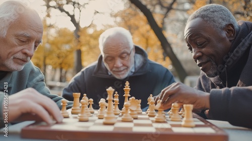 Strategic Moves at Sunset: Diverse Group of Elderly Men Engaged in Chess Game in the Park under Golden Hour Light with Sharp Focus and Dynamic Composition