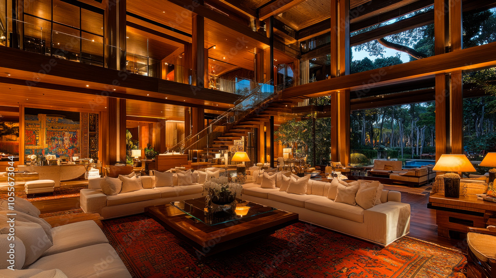 Living room of modern expensive home with two levels Living room of modern expensive home with two levels