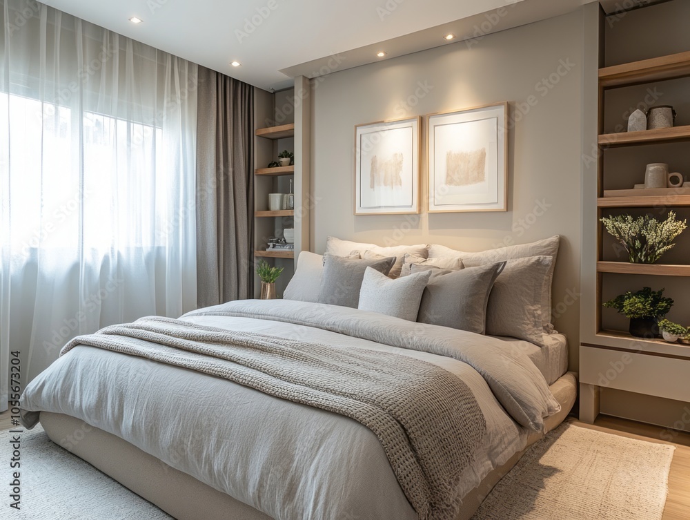 Soft pastel walls paired with gray bedding and minimalist wall art for a clean, modern design Soft pastel walls paired with gray bedding and minimalist wall art for a clean, modern design