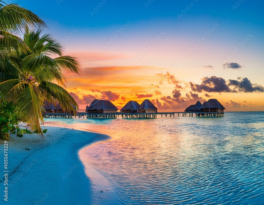 Naklejka premium Tropical beach in Bora Bora at sunset