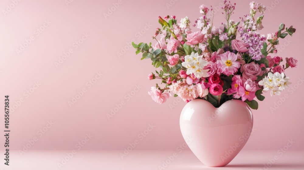 Heart shaped vase filled with a spring flower bouquet on a soft pink backdrop with space available for text Heart shaped vase filled with a spring flower bouquet on a soft pink backdrop with space available for text