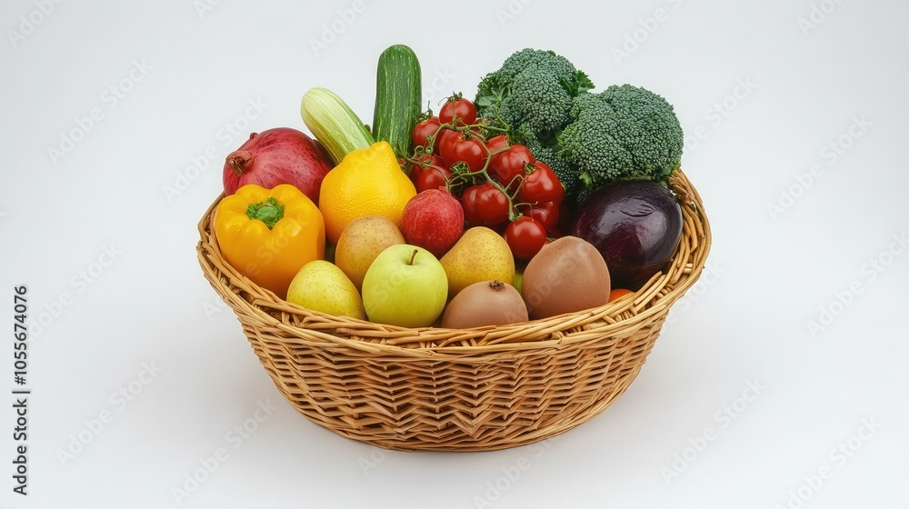 Healthy selection of vegetables and fruits in a basket, with ample copy space Healthy selection of vegetables and fruits in a basket, with ample copy space