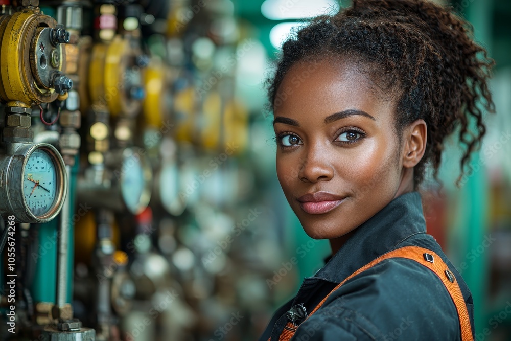 Fototapeta premium Confident engineer in industrial setting surrounded by machinery and gauges
