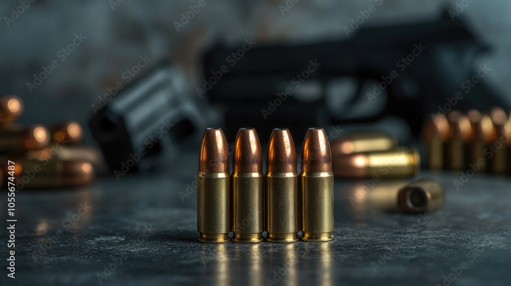 Stack of fired bullets or ammunition displayed on a dark stone surface Handguns positioned in the background with various 9mm projectiles illuminated Stack of fired bullets or ammunition displayed on a dark stone surface Handguns positioned in the background with various 9mm projectiles illuminated