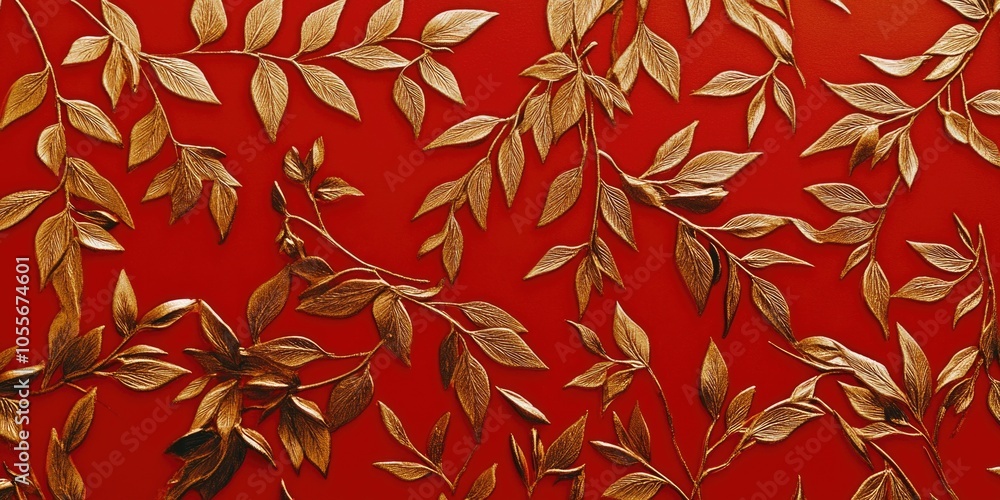 Fototapeta premium Golden Leaves on Red Background
