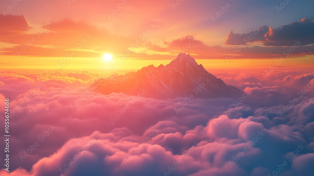 A majestic mountain peak rises above colorful clouds at sunrise, creating a serene landscape. A majestic mountain peak rises above colorful clouds at sunrise, creating a serene landscape.
