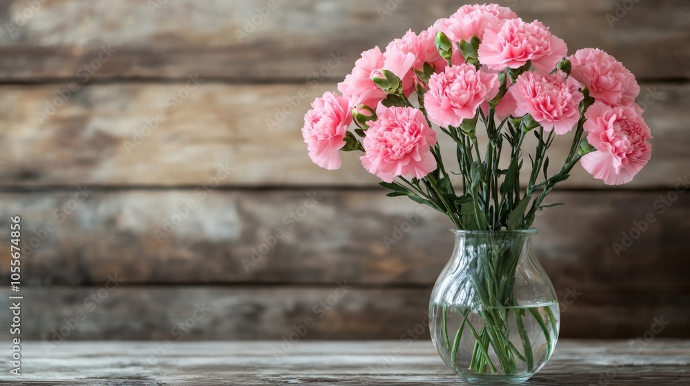 Pink carnation bouquet in a glass vase set against a rustic wooden backdrop ideal for celebrations and greetings Pink carnation bouquet in a glass vase set against a rustic wooden backdrop ideal for celebrations and greetings