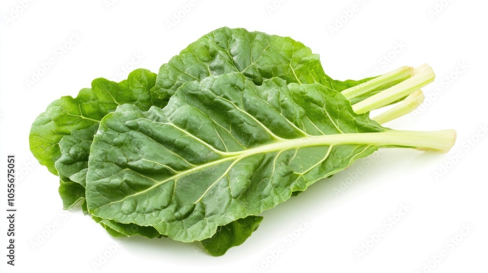 Fresh green chard leaves set against a white background Fresh green chard leaves set against a white background