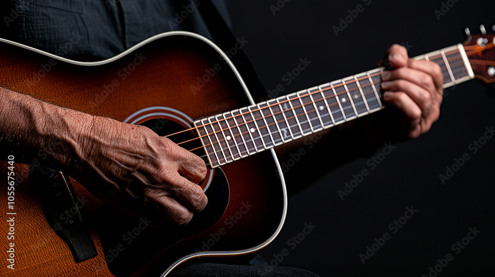 A close-up shot of hands playing an acoustic guitar, with intricate detailing of the strings and wood texture A close-up shot of hands playing an acoustic guitar, with intricate detailing of the strings and wood texture