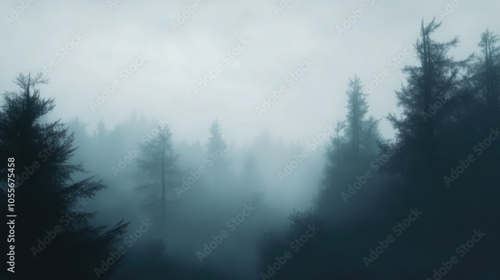 Mysterious and eerie ambiance in a shadowy forest shrouded in dense fog on an overcast day Mysterious and eerie ambiance in a shadowy forest shrouded in dense fog on an overcast day